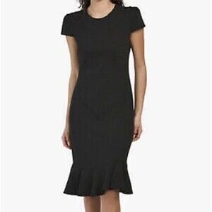 Betsey Johnson Black Cap Short Sleeve Ruffle Trim Skirt Midi Dress Size 6